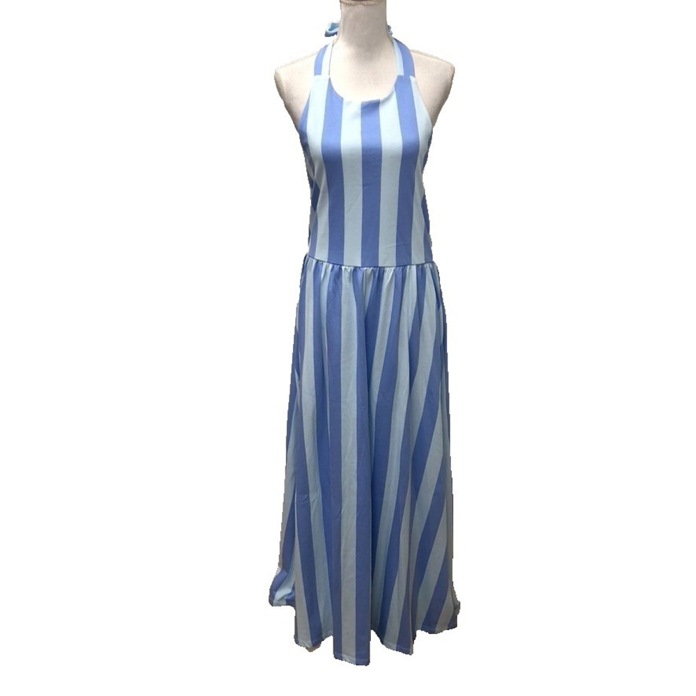 Asos Design Halter Neck Low Back Maxi Dress Blue Stripe Womens 14 Resort Party